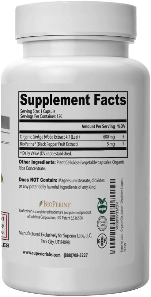Superior Labs Ginkgo Biloba 1200 mg Non-GMO Black Pepper for Increased Absorption Ginkgo Extract Improves Memory &amp Focus Circulation Booster Natural Antioxidant Nootropic 120 Veg Caps