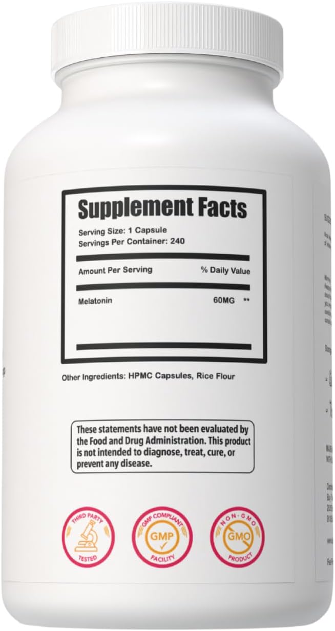 Melatonin 60mg - 240 Capsules - High Dose Melatonin for Adults - Extra Strength Sleep Support - Melatonin 60mg Adult Extra Strength Supplements