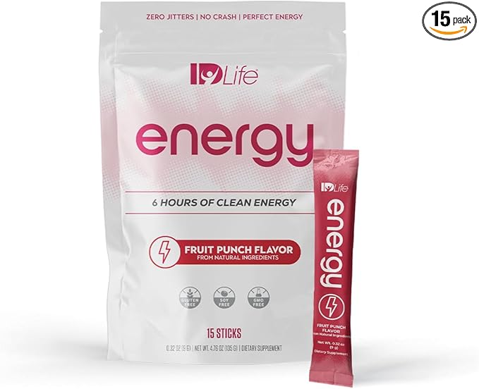 IDLife Energy - Fruit Punch - Sustained Energy Boost with Powder Healthy Drink for Work Gym &amp Daily Use No Jitters or Crash - 15 Sticks per Bag