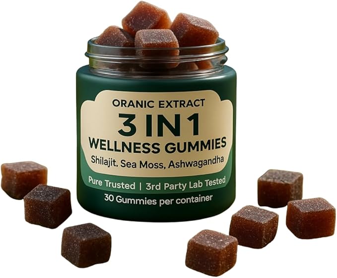 3IN1 Shilajit Wellness Gummies Ashwagandha Sea Moss Energy &amp Immune Support for Man &amp Women Trace Mineral &amp Fulvic Acid Rich Organic Vegan Non-GMO 30 Gummies