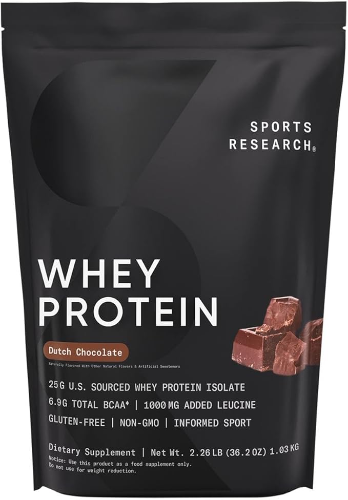 Sports Research Whey Protein Isolate - Sports Nutrition Protein Powder 25g per Serving - 2.27lb Bag Whey Protein - Dutch Chocolate Bulk Protein Powder 25 Servings