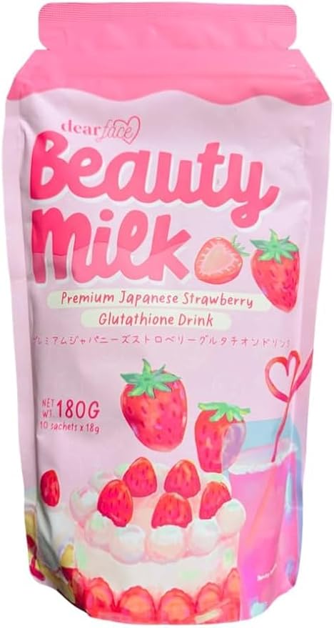 Dear Face Beauty Milk Japanese Collagen Strawberry Drink - 50000mg Hydrolyzed Collagen 6.3 Ounce