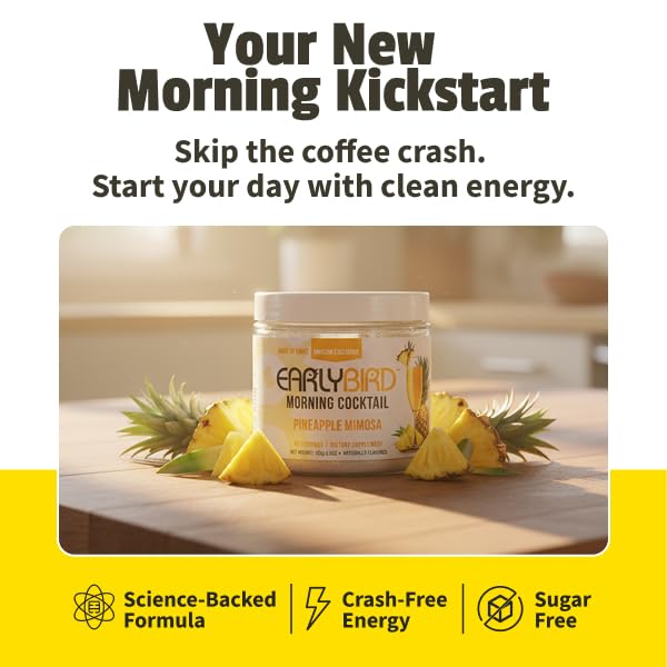 EarlyBird Morning Cocktail - Pineapple Mimosa 45 Servings - Clean Energy Drink (Natural Caffeine) Increased Motivation (Nootropics) Supercharged Hydration (Electrolytes) - Wake Up Early Drink w/