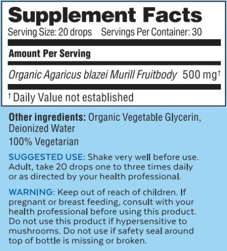 Agaricus Bio Super Liquid Organic Blazei Mushroom Extract Tincture Fruiting Body Beta-Glucan Drops for Natural Killer Cell Activity Liquid Mushroom Supplement for Liver and Immune Support 30 ml