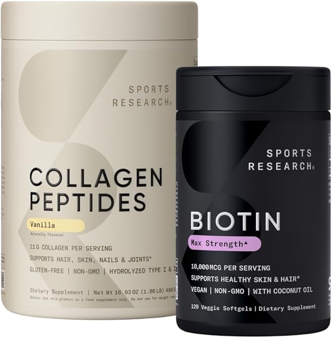 Sports Research® Hair Essentials Pack - Vanilla Collagen Powder Protein Supplement (40 Servings) and Biotin (Vitamin B7) 10000mcg with Organic Coconut Oil (120 Softgels)