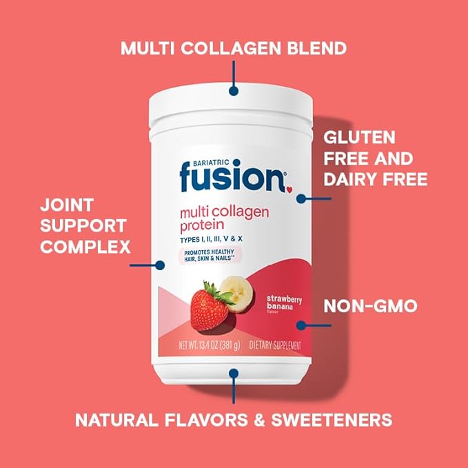 Bariatric Fusion Strawberry Banana Multi Collagen Protein Powder | Plus Joint Support Complex of MSM and Glucosamine | Dairy Gluten &amp Soy Free | Non-GMO | 30 Servings