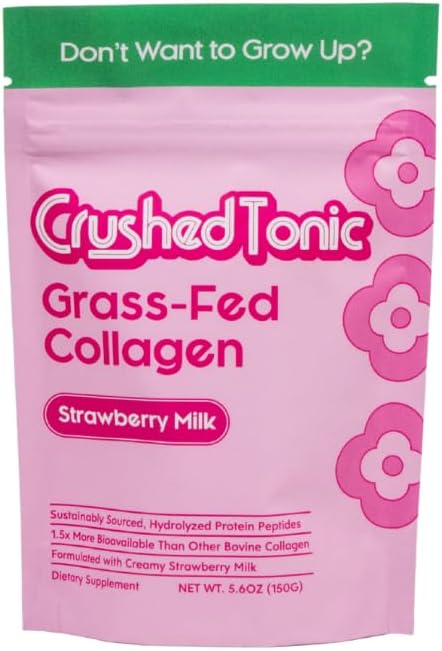 Crushed Tonic Korean Beauty Collagen | Hydrolyzed Bovine Collagen Peptides for Skin Glow Hair &amp Nails | K-Beauty Drink | Gluten-Free Halal &amp Kosher (Strawberry Milk 5 Servings (50 g) Mini