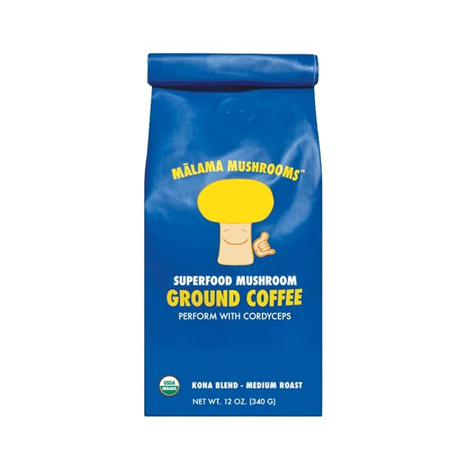 Cordyceps Coffee by Malama Fruiting Body Cordyceps Mushrooms blended with Kona Coffee Superfood Adaptogenic Mushroom Extract with Fair Trade Coffee Medium Roast Ground Coffee 12 oz
