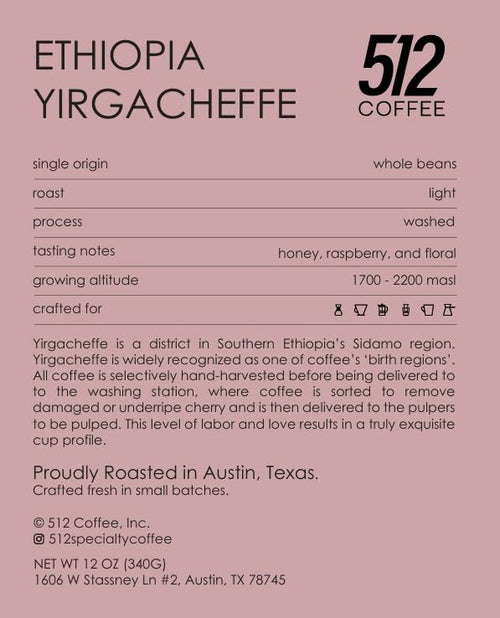512 Coffee Ethiopia Yirgacheffe Light Roast Whole Bean – Single Origin Specialty Coffee with Tasting Notes of Raspberry Honey &amp Floral – Fresh Roasted for Filter Brewing