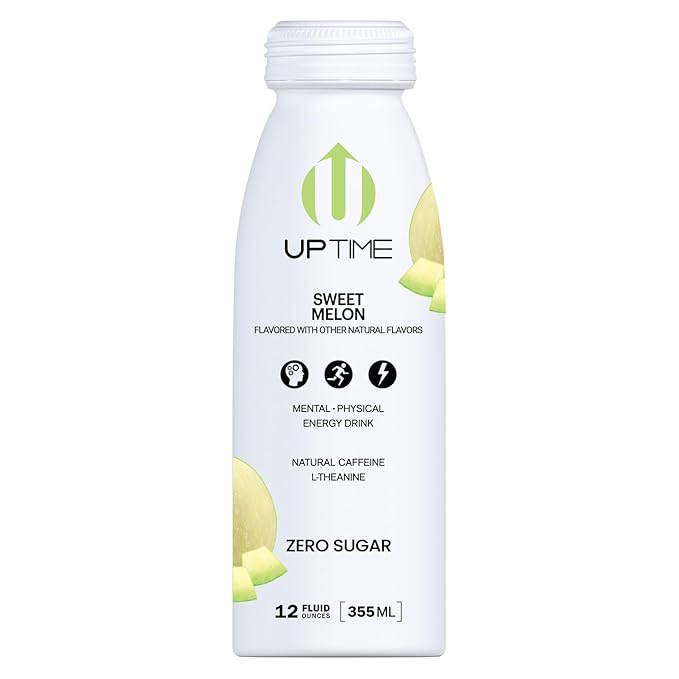 UPTIME Energy Drink Sweet Summer Melon Sparkling 12 Pack Vitamin C L Theanine Calcium Sugar Free Energy Drinks for Focus Support 142mg of Natural Caffeine 5 Calories Natural 12 fl oz Cans