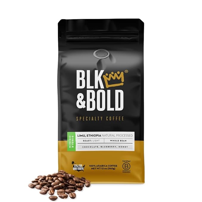 BLK &amp Bold Whole Bean Coffee Limu Ethiopia Single Origin Premium Light Roast Natural Processed Whole Bean 100% Arabica Beans 12 oz Bag