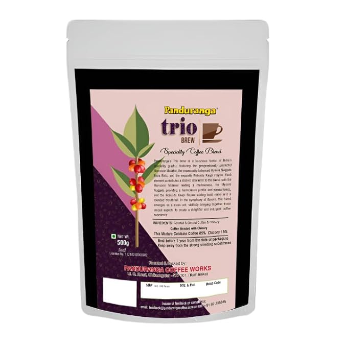 Panduranga Trio Brew Specialty Coffee Blend | Mysore Nuggets Monsoon Malabar &amp Robusta Kaapi Royale | Extra Bold Flavor | 100% Indian Coffee | Freshly Roasted Beans | 500g (Pack of 2) (1 500g)