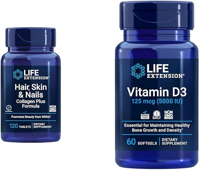 Life Extension Hair Skin &amp Nails Collagen Plus Formula with Vitamin D3 5000 IU - Promotes Collagen Keratin Bone Brain Immune &amp Nail Health - 120 Count &amp 60 Softgels