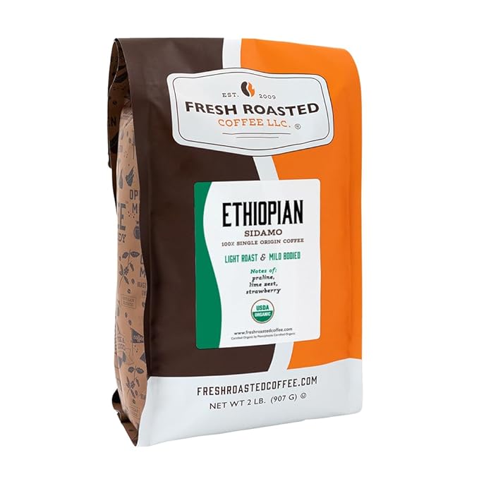 Fresh Roasted Coffee Organic Ethiopian Sidamo | USDA 100% Single Origin Kosher | Light Roast 2 lb (32 oz) Whole Bean