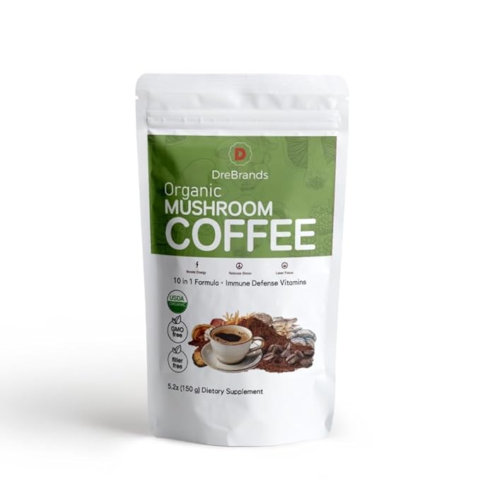 DreBrands Mushroom Coffee |10 in 1 Organic Mushrooms | USDA Organic | Instant Coffee | Wood Ear | Better Energy Focus Digestion Immunity | Shiitake Lion’s Mane Turkey Tail | 15 Servings