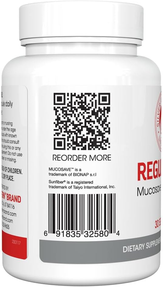 Silver Fern Regularity Digestive Supplement Capsules Brand - 1 Bottle = 30 Capsules = 30 Day Supply - Mucosave FG (Prickly Pear Polysaccharides &amp Olive Leaf Polyphenols) &amp SunFiber