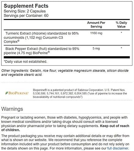 Vitacost Turmeric Extract Curcumin C3 Complex with Bioperine - 1160 mg per Serving - 120 Capsules