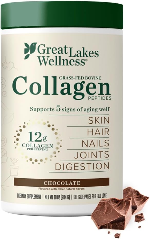 Great Lakes Wellness Collagen Peptides Powder for Skin Hair Nails Joints &amp Digestion - Chocolate Flavored - Quick Dissolve Hydrolyzed Non-GMO Kosher - 10 oz