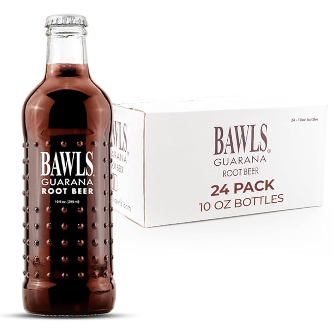 BAWLS Guarana Root Beer BAWLS Guarana Drink Guarana Soda Guarana Fueled Soda for Energy High Energy Caffeinated Drink 10oz 24 Pack Glass Bottles