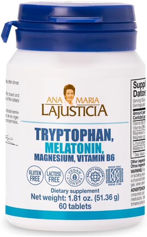 Tryptophan with Magnesium + Vit B6 &amp Melatonin. Induces sleep and improves sleep quality. Study Support. Supplement by Ana Maria Lajusticia. 60 TABLETS