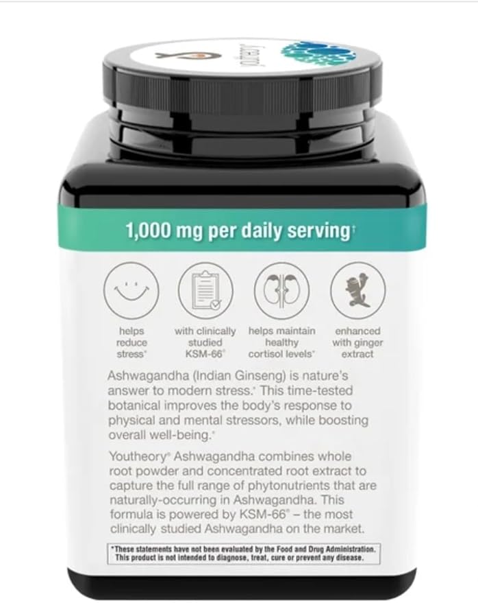 Youtheory Ashwagandha 1000mg with KSM-66 - Helps Support a Healthy Stress Response180 Capsules (Pack of 1)