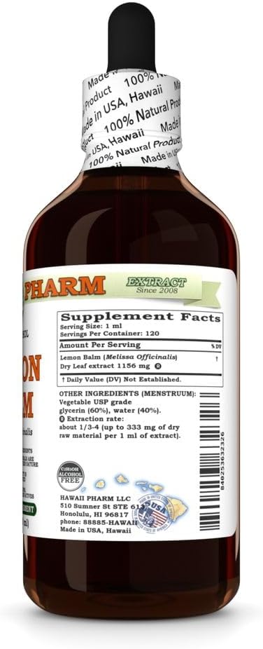 Hawaii Pharm Lemon Balm Alcohol-Free Extract Glycerite for Relaxation Supports Restful Sleep Promotes Mental Clarity and Cognitive Function Eases Digestive Discomfort - 4 fl.oz