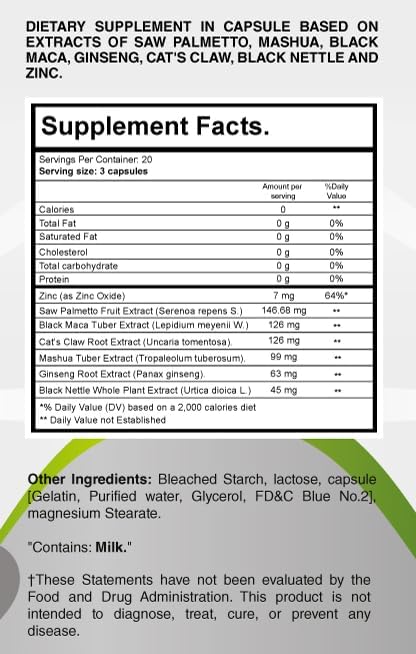ProstaEros- Prostate Support Supplement - 7 Natural Ingredients - Black Maca Saw Palmetto Mashua Cat's Claw Gingseg Black Nettle and Zinc Capsules 90 Count (Pack of 1)