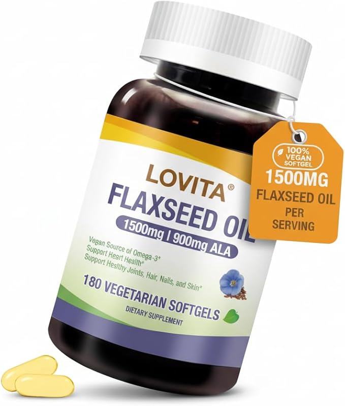 LOVITA Vegan Flaxseed Oil 1500mg with 900mg ALA Omega-3 6 9 Cold-Pressed Flax Seed Supplement Support Heart Brain Joint &amp Skin Health Non-GMO &amp Gluten Free 180 Softgels