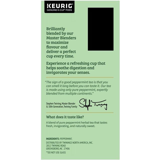 Twinings Pure Peppermint Tea Single Serve K-Cup Pods for Keurig Naturally Caffeine Free Made with 100% Pure Peppermint 24 Count (Pack of 4)