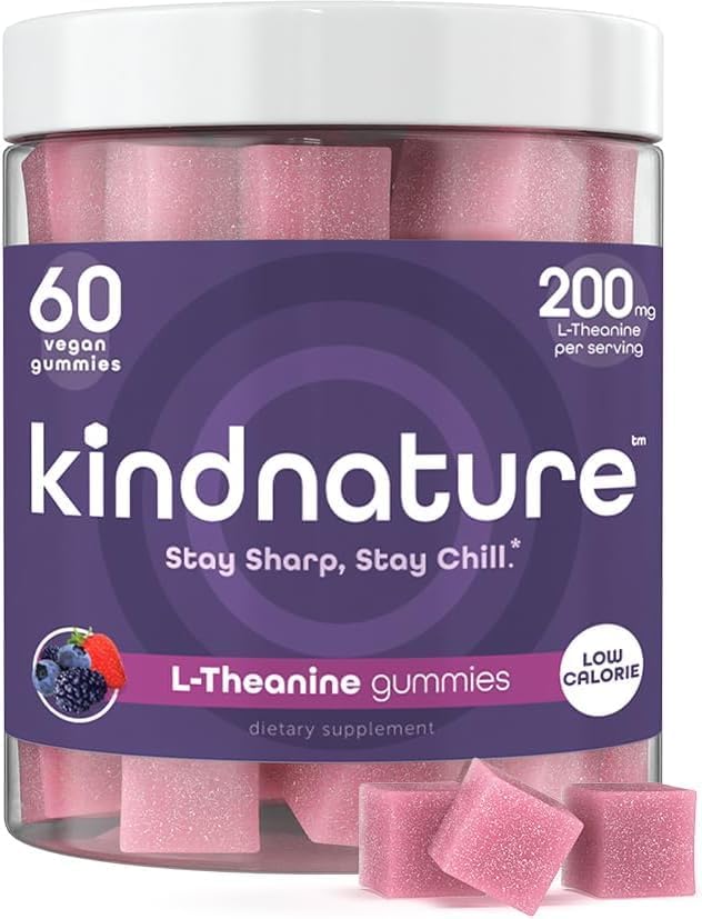 kindnature L-Theanine Gummies 200mg – Vegan Calm &amp Focus Supplement for Adults &amp Kids Ages 4+ – Mixed Berry Chewable Low Sugar Non-Drowsy*
