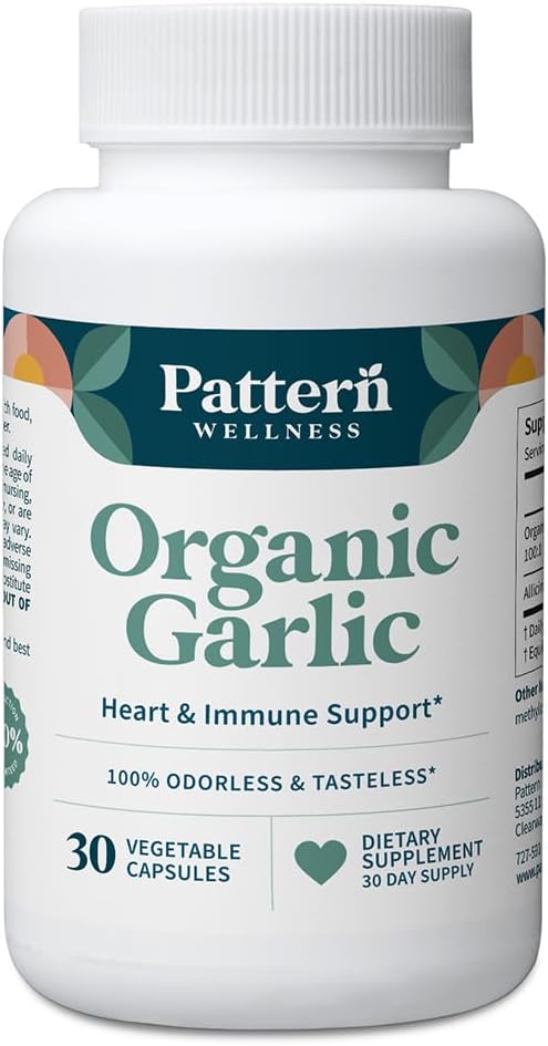 Pattern Wellness Odorless Organic Garlic - 1000mg - Supports Circulatory &amp Immune Health - Non-GMO Gluten Free Vegan - 30 Capsules