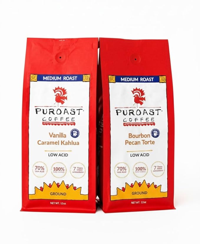 Puroast Flavored Low Acid Coffee – Bourbon Pecan Torte Ground Medium Roast &amp Vanilla Caramel Kahlua Ground Medium Roast – Flavored Coffee – High Antioxidants – Cold Brew – 2 Pack 12 oz
