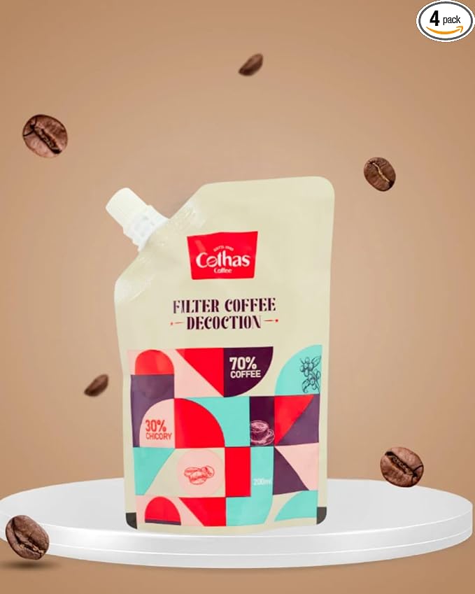 Cothas Ready To Use Filter Coffee Decoction - Each Pouch 200ml Pack of 4 = 2lbs [ Ro Purified Water70% Coffee 30% Chicory ]