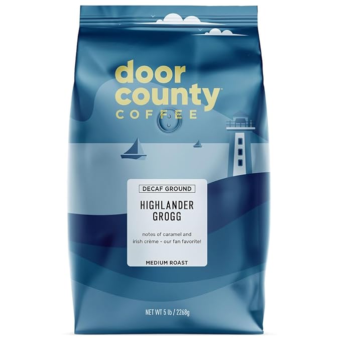 Door County Coffee Highlander Grogg DECAF Flavored Coffee Ground - 5 lb Bag - Flavored Ground Medium Roast - 100% Specialty Arabica - Gourmet - Irish Crème &amp Caramel