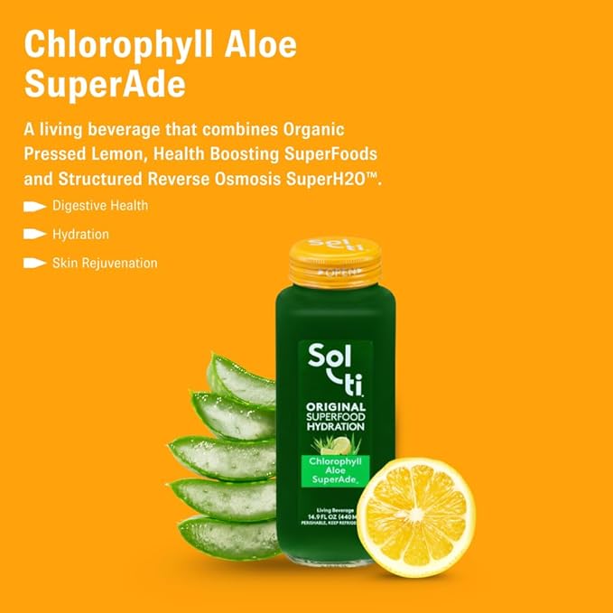 Organic SuperAde Hydration Drink Digestive and Skin Health SuperFood Lemonade by Sol-ti Cold-Pressed Chlorophyll Aloe and Lemon Juice Blend 16 Pack (14.9 Fl oz)