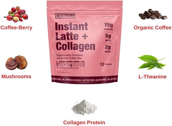 Strong Coffee Co. Snickerdoodle Instant Latte | Organic Coffee with 15g Collagen Protein | Lion’s Mane &amp L-Theanine | Nootropic Instant Coffee | 12 Servings