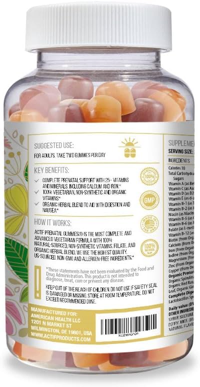 Actif Prenatal Gummies with 25+ Organic Vitamins and Organic Herbal Blend - Non-GMO 100% Vegetarian 90 Count Made in USA
