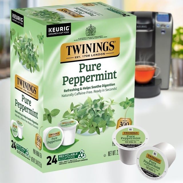 Twinings Pure Peppermint Tea Single Serve K-Cup Pods for Keurig Naturally Caffeine Free Made with 100% Pure Peppermint 24 Count (Pack of 4)