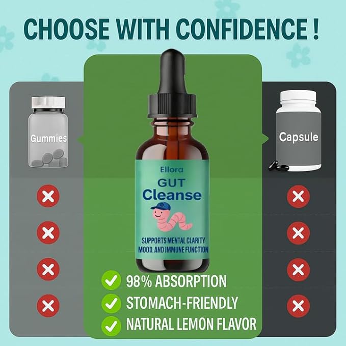 Ellora Gut Cleanse Drops Gentle Gut and Colon Support for Black Walnut Hull Wormwood Clove Oregano Licorice Root | 30 Servings