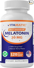 Vitamatic Melatonin 20 mg Tablets –Natural Berry Flavor – 120 Vegetarian Tablets per Bottle – 6 Bottles (Total 720)