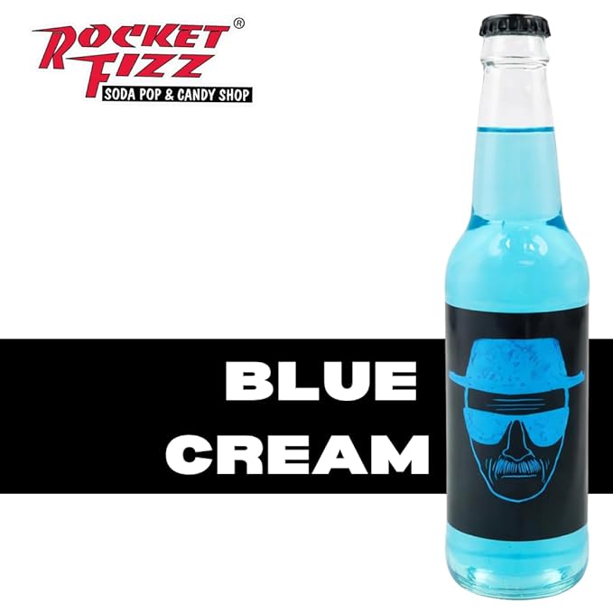 Rocket Fizz Breaking Bad Heisenberg Blue Cream Soda Flavor | Cane Sugar | Craft Soda Pop Drinks | 12 oz in Glass Bottle (6 Pack)