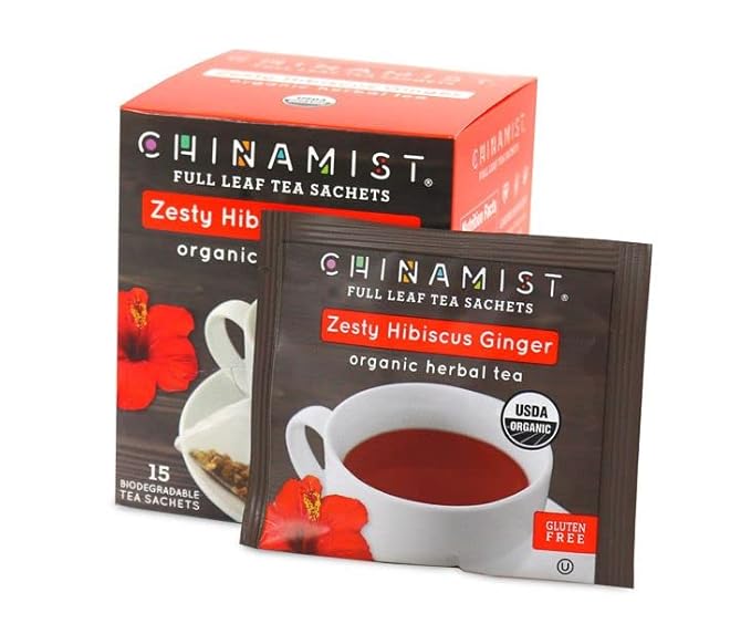 China Mist Zesty Hibiscus Ginger Organic Herbal Tea 15 tea satchets (6-pack)
