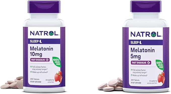 Natrol Melatonin 10mg 200 Tablets &amp 5mg 200 Tablets Strawberry-Flavored Fast-Dissolve Sleep Support Dietary Supplement Bundle