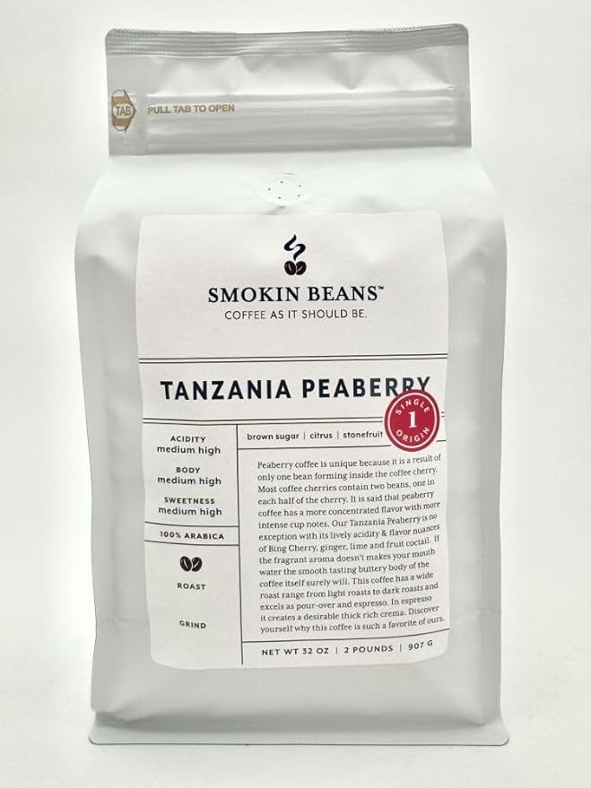 Smokin Beans 2-Pound Africa Tanzania Peaberry Coffee Washed Processing Medium Roast Premium Whole Bean Specialty Coffee