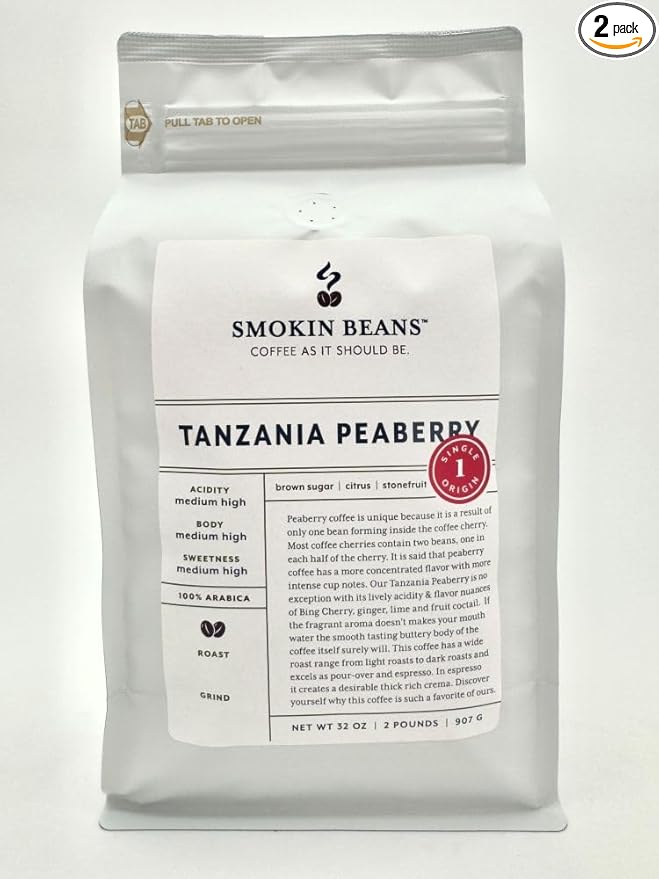 Smokin Beans 2-Pound Africa Tanzania Peaberry Coffee Washed Processing Medium Roast Premium Whole Bean Specialty Coffee