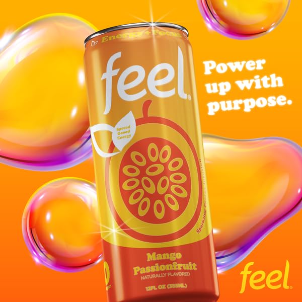 FEEL Zero Sugar Natural Energy Drink – Mango Passionfruit 140mg Plant-Based Caffeine with L-Theanine for Focus Vitamin C for Immunity Vegan Non-GMO No Artificial Sweeteners 12 Fl Oz Cans (12-Pac
