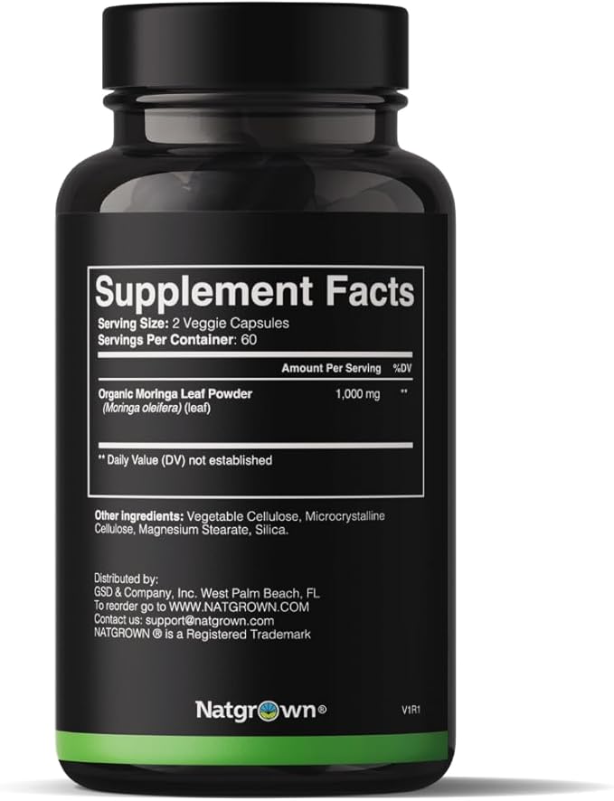 Natgrown Organic Moringa Capsules 1000 mg - Pure Moringa Leaf Powder - Green Superfood Supplement - Vegan Gluten-Free - 120 Capsules