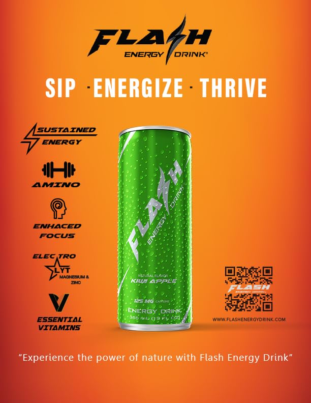 Flash Energy Drink | Elevate your Energy Focus and Performance | Natural |Non-GMO Vegan Gluten-Free Ingredients Organic Green Tea and Green Coffee Bean with 125 mg of Caffeine Enhanced with Ess