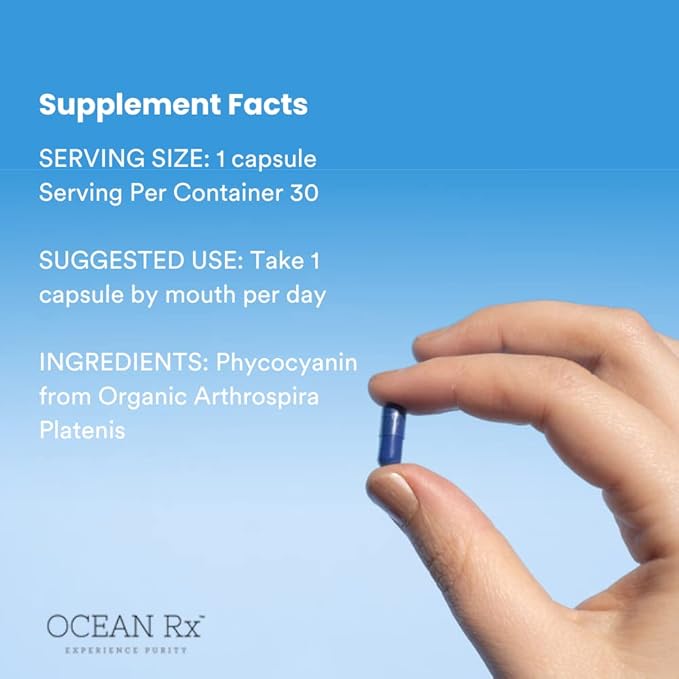 Organic Pure Blue Spirulina Capsules | Natural Superfood | Prebiotic Phycocyanin Supplement | Healty Skin Oral Health &amp Wound Recovery | 30 Serving Bottle