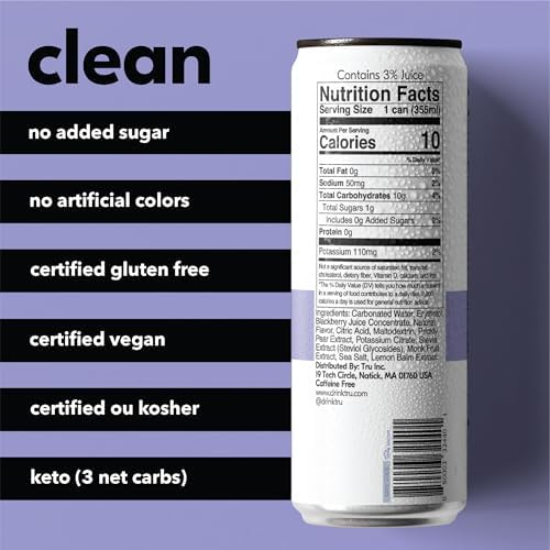 Tru Refresh Seltzer Sparkling Water with Electrolytes Prickly Pear Lemon Balm &amp Real Blackberry Juice Sweetened with Monk Fruit &amp Stevia Gluten Free Vegan Caffeine Free 12 FL OZ Cans